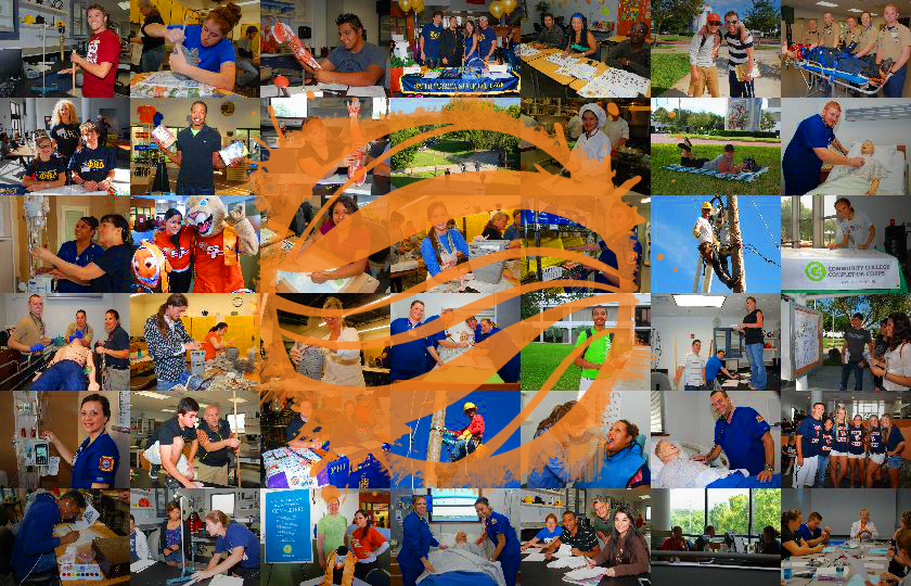 Collage of photos of students in training with a painted sphere overlay