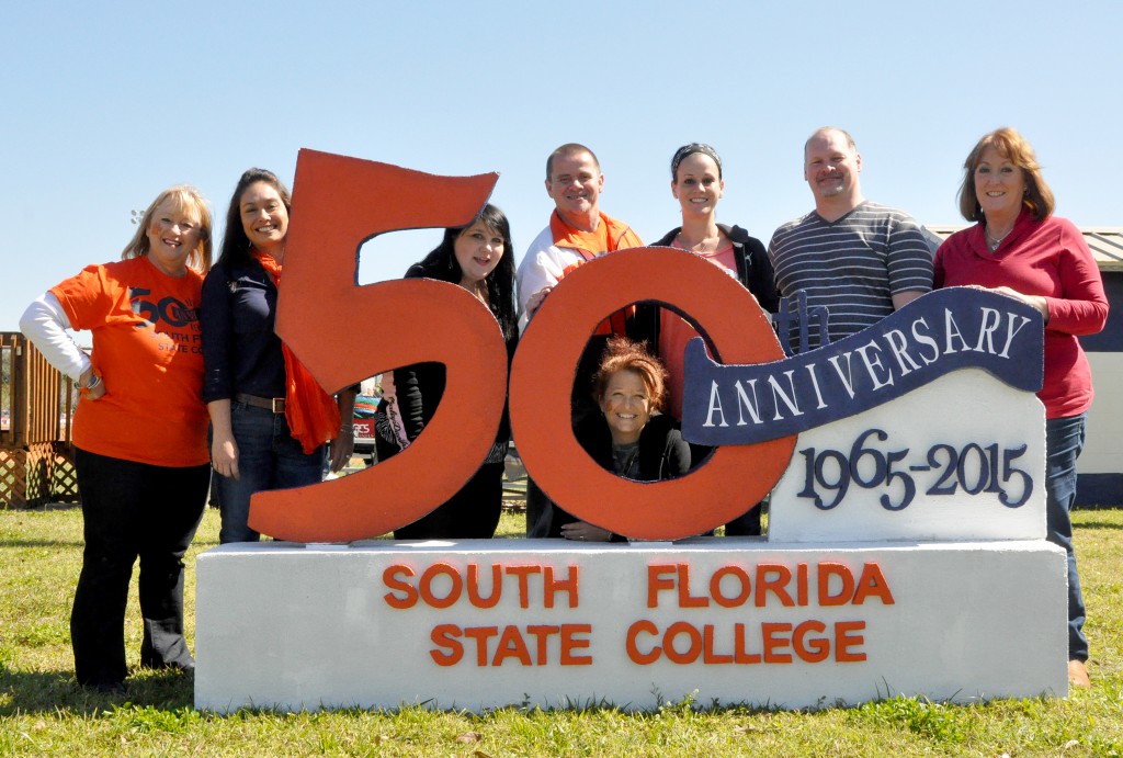 Past members of SFSC’s cheerleading teams gathered for a reunion at the 50th Anniversary Celebration on Valentine’s Day. Pictured (left to right): Lorrie Key, Audrey Driggers Kuipers, Pam Mavraedis Wilson, John Scherlacher, Sandy Brady Stewart (in the “0”), Crystal Sutton-Bullington, Brian McCumber, and Holly Parker.