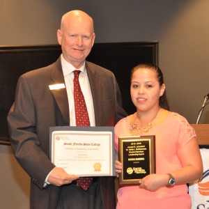 Maria Zamora, 2015-16 Joseph E. Johnson / Bette L. McDearman Student Services Award Recipient: Dr. Timothy Wise, SFSC dean, student services.