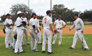 Coach Rick Hitt (far right) on Panther Field with his players during an afternoon practice.