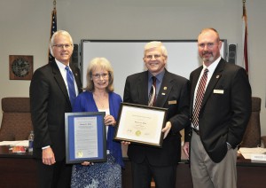 At the January District Board of Trustees meeting Susie Hale was named Director Emerita. From left, Dr. Thomas C Leitzel, Susie Hale, Glenn Little, and Derren J. Bryan.