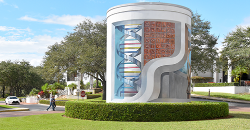 A view of the Highlands Campus featuring the Tower of Enlightenment mural