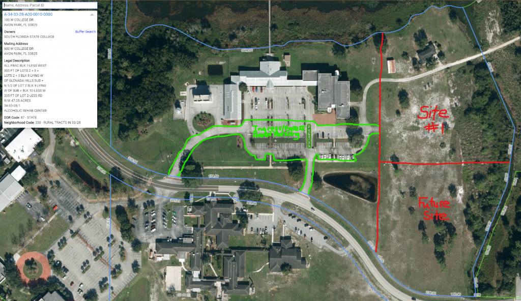 Plot of land on College Drive with Site #1 and Future Site labeled
