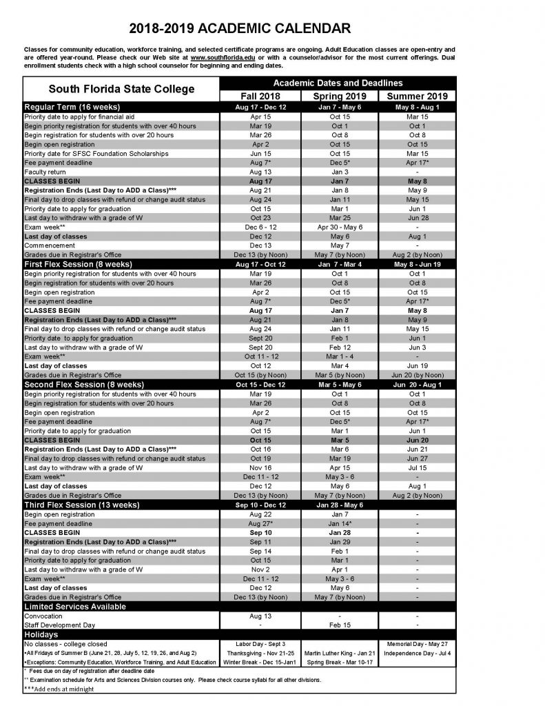 Academic Calendar 2018-19 - South Florida State College