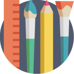 Icon for Humanities that includes a ruler, a paintbrush, a pencil, and a fan paint brush.