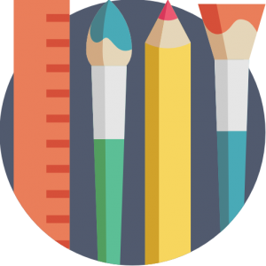 Icon for Humanities that includes a ruler, a paintbrush, a pencil, and a fan paint brush.