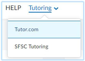 The BrightSpace drop-down menu showing links to Tutor.com and SFSC Tutoring
