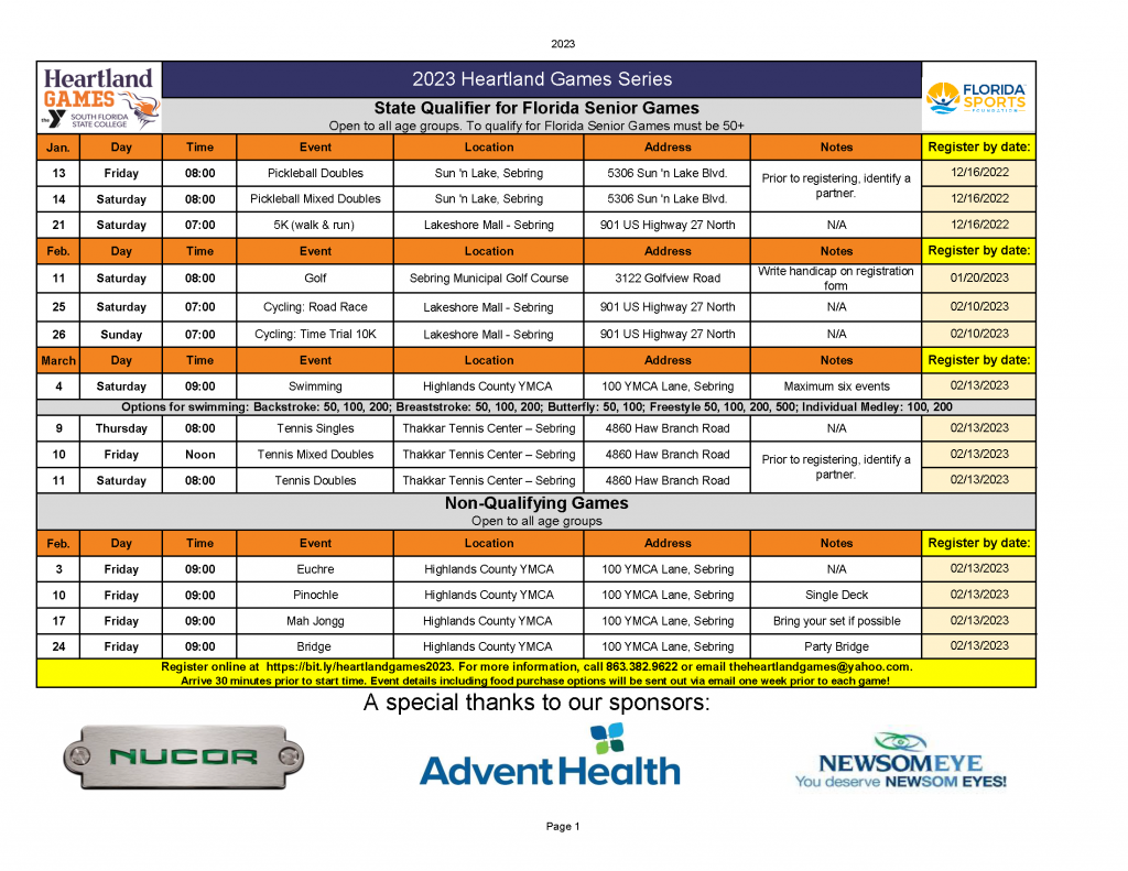 2023 Heartland Games Schedule click to view
