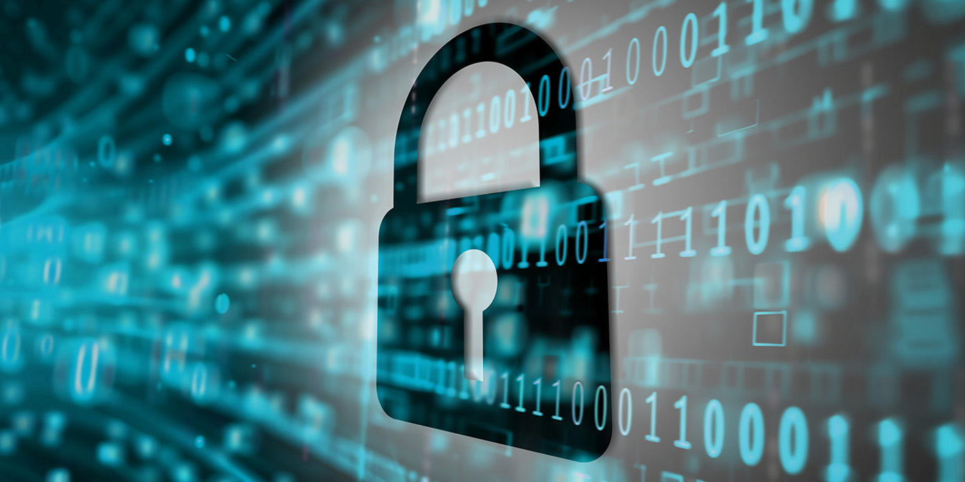 A digital padlock is shown against a background of glowing blue binary code