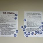 Two posters with paw print stickers all over them.