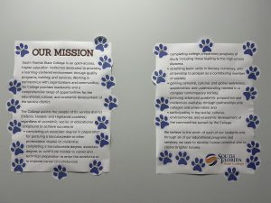 Two posters with paw print stickers all over them.