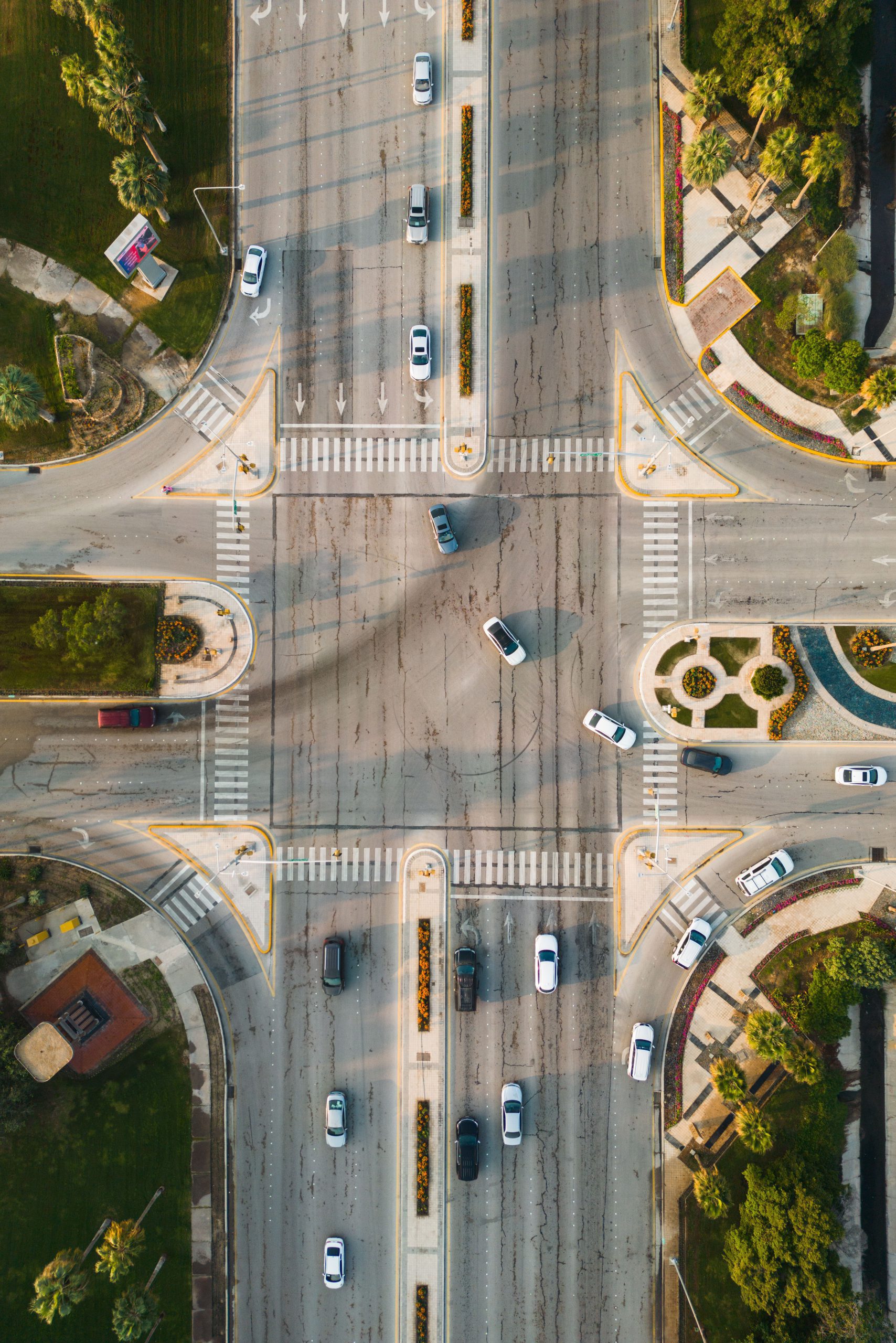 Intersection of streets at a birds-eye view.