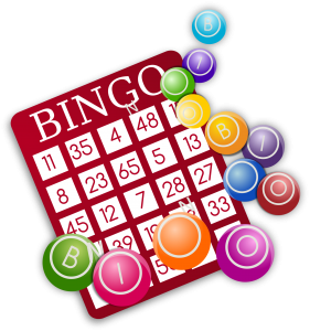 A bingo card with colorful chips.