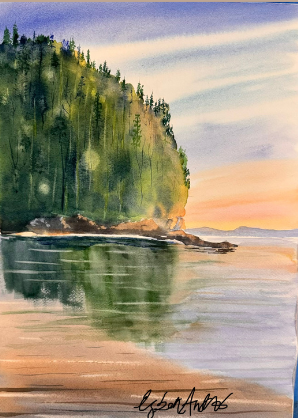 Watercolor painting of a cliff overlooking a lake